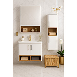 Legna 65 Cm Beyaz-ahşap Renkli Mdf, Seramik Lavabolu Alt - Üst Ve Boy Dolaplı Banyo Dolabı Seti