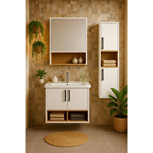 Legna 65 Cm Beyaz-ahşap Renkli Mdf, Seramik Lavabolu Alt - Üst Ve Boy Dolaplı Banyo Dolabı Seti