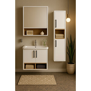 Legna 65 Cm Beyaz-ahşap Renkli Mdf, Seramik Lavabolu Alt - Üst Ve Boy Dolaplı Banyo Dolabı Seti