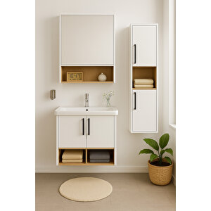 Legna 65 Cm Beyaz-ahşap Renkli Mdf, Seramik Lavabolu Alt - Üst Ve Boy Dolaplı Banyo Dolabı Seti