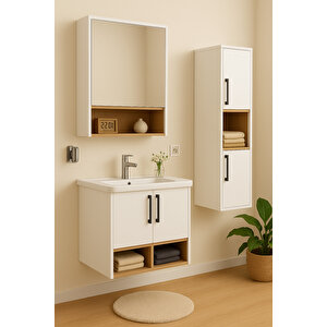 Legna 65 Cm Beyaz-ahşap Renkli Mdf, Seramik Lavabolu Alt - Üst Ve Boy Dolaplı Banyo Dolabı Seti