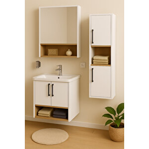 Legna 65 Cm Beyaz-ahşap Renkli Mdf, Seramik Lavabolu Alt - Üst Ve Boy Dolaplı Banyo Dolabı Seti
