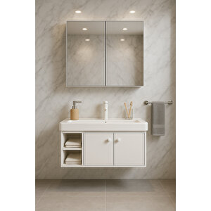 Lumina 85 Cm, Beyaz Renkli, Seramik Lavabolu, Alt - Üst Dolap, Banyo Dolabı Takımı.