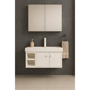 Lumina 85 Cm, Beyaz Renkli, Seramik Lavabolu, Alt - Üst Dolap, Banyo Dolabı Takımı.