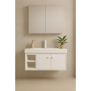 Lumina 85 Cm, Beyaz Renkli, Seramik Lavabolu, Alt - Üst Dolap, Banyo Dolabı Takımı.