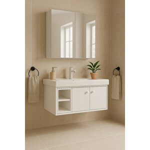 Lumina 85 Cm, Beyaz Renkli, Seramik Lavabolu, Alt - Üst Dolap, Banyo Dolabı Takımı.