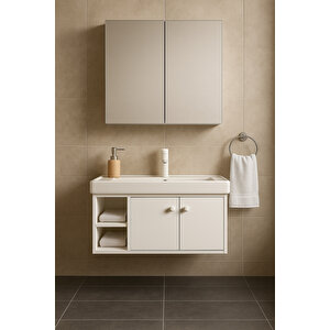 Lumina 85 Cm, Beyaz Renkli, Seramik Lavabolu, Alt - Üst Dolap, Banyo Dolabı Takımı.