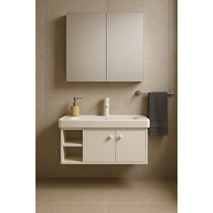 Lumina 85 Cm, Beyaz Renkli, Seramik Lavabolu, Alt - Üst Dolap, Banyo Dolabı Takımı.
