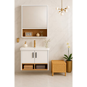 Legna 65 Cm Banyo Dolabı Takımı – Beyaz & Ahşap – Mdf – Seramik Lavabolu – Alt Ve Üst Dolap
