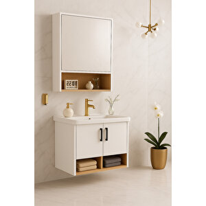 Legna 65 Cm Banyo Dolabı Takımı – Beyaz & Ahşap – Mdf – Seramik Lavabolu – Alt Ve Üst Dolap