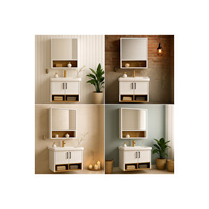 Legna 65 Cm Banyo Dolabı Takımı – Beyaz & Ahşap – Mdf – Seramik Lavabolu – Alt Ve Üst Dolap