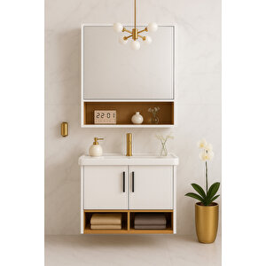 Legna 65 Cm Banyo Dolabı Takımı – Beyaz & Ahşap – Mdf – Seramik Lavabolu – Alt Ve Üst Dolap