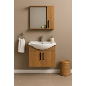 Lacrime 65 Cm Ahşap Mdf, Oval Seramik Lavabolu, Alt Ve Üst Dolaplı, Banyo Dolabı Takımı