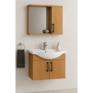 Lacrime 65 Cm Ahşap Mdf, Oval Seramik Lavabolu, Alt Ve Üst Dolaplı, Banyo Dolabı Takımı