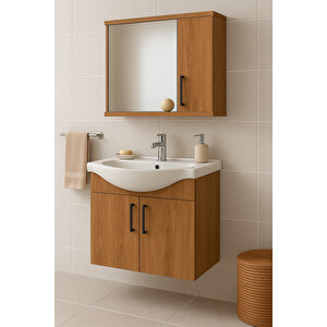 Lacrime 65 Cm Ahşap Mdf, Oval Seramik Lavabolu, Alt Ve Üst Dolaplı, Banyo Dolabı Takımı