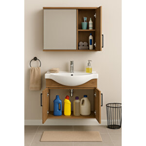 Lacrime 65 Cm Ahşap Mdf, Oval Seramik Lavabolu, Alt Ve Üst Dolaplı, Banyo Dolabı Takımı