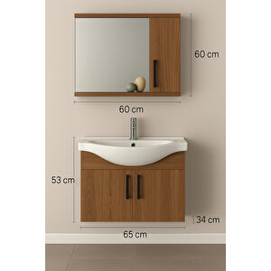 Lacrime 65 Cm Ahşap Mdf, Oval Seramik Lavabolu, Alt Ve Üst Dolaplı, Banyo Dolabı Takımı