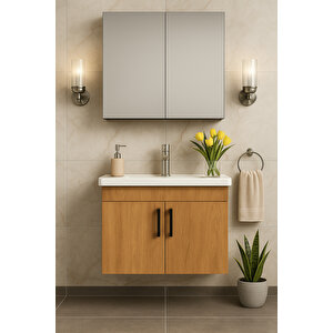 Liventa 65 Cm Ahşap Renkli, Seramik Lavabolu, Mdf Banyo Dolabı Takımı