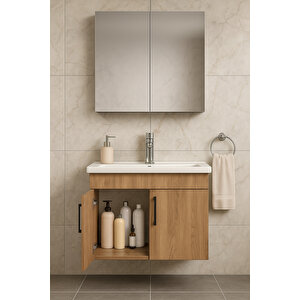 Liventa 65 Cm Ahşap Renkli, Seramik Lavabolu, Mdf Banyo Dolabı Takımı