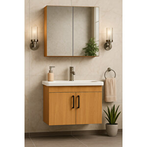 Liventa 65 Cm Ahşap Renkli, Seramik Lavabolu, Mdf Banyo Dolabı Takımı