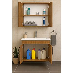Liventa 65 Cm Ahşap Renkli, Seramik Lavabolu, Mdf Banyo Dolabı Takımı