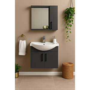Lacrime 65 Cm Antrasit Renkli Mdf, Oval Seramik Lavabolu, Alt Ve Üst Dolaplı, Banyo Dolabı Takımı
