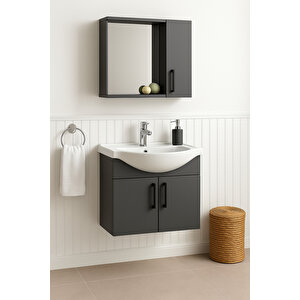 Lacrime 65 Cm Antrasit Renkli Mdf, Oval Seramik Lavabolu, Alt Ve Üst Dolaplı, Banyo Dolabı Takımı