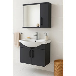 Lacrime 65 Cm Antrasit Renkli Mdf, Oval Seramik Lavabolu, Alt Ve Üst Dolaplı, Banyo Dolabı Takımı