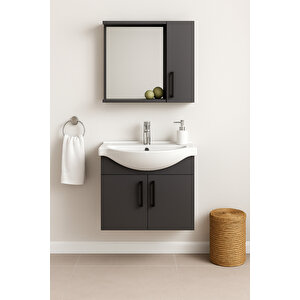Lacrime 65 Cm Antrasit Renkli Mdf, Oval Seramik Lavabolu, Alt Ve Üst Dolaplı, Banyo Dolabı Takımı