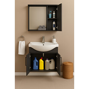 Lacrime 65 Cm Antrasit Renkli Mdf, Oval Seramik Lavabolu, Alt Ve Üst Dolaplı, Banyo Dolabı Takımı