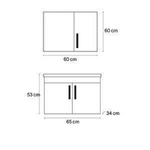 Lacrime 65 Cm Antrasit Renkli Mdf, Oval Seramik Lavabolu, Alt Ve Üst Dolaplı, Banyo Dolabı Takımı