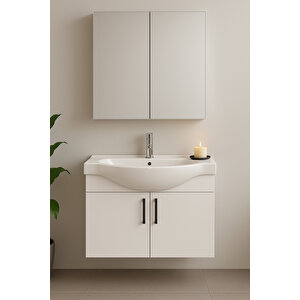 Nova 80 Cm %100 Mdf Beyaz Renkli, Oval Seramik Lavabolu, Alt Ve Üst Modüllü, Banyo Dolabı Takımı