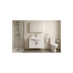 Nova 80 Cm %100 Mdf Beyaz Renkli, Oval Seramik Lavabolu, Alt Ve Üst Modüllü, Banyo Dolabı Takımı