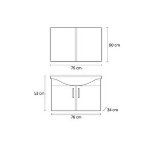 Nova 80 Cm %100 Mdf Beyaz Renkli, Oval Seramik Lavabolu, Alt Ve Üst Modüllü, Banyo Dolabı Takımı