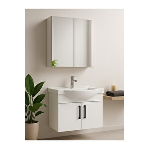 Nova 80 Cm %100 Mdf Beyaz Renkli, Oval Seramik Lavabolu, Alt Ve Üst Modüllü, Banyo Dolabı Takımı