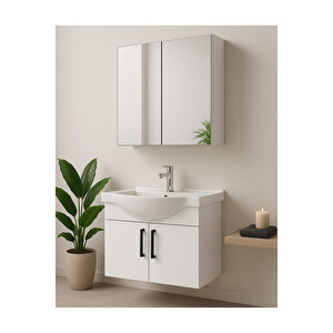 Nova 80 Cm %100 Mdf Beyaz Renkli, Oval Seramik Lavabolu, Alt Ve Üst Modüllü, Banyo Dolabı Takımı