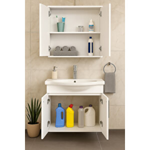 Nova 80 Cm %100 Mdf Beyaz Renkli, Oval Seramik Lavabolu, Alt Ve Üst Modüllü, Banyo Dolabı Takımı