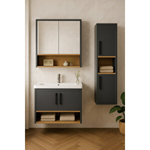 Legna 80 Cm Antrasit-ahşap Renkli, Seramik Lavabolu, Alt - Üst Ve Boy Dolaplı Tamamı Mdf Banyo Seti