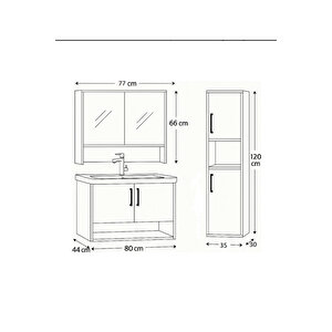 Legna 80 Cm Antrasit-ahşap Renkli, Seramik Lavabolu, Alt - Üst Ve Boy Dolaplı Tamamı Mdf Banyo Seti