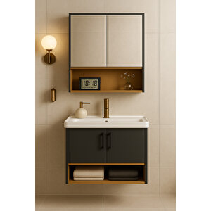 Legna 80 Cm Antrasit & Ahşap Banyo Dolabı Takımı – Alt Ve Üst Dolap (lavabo Dahil)