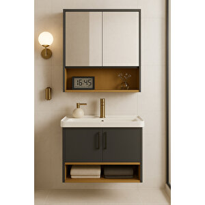 Legna 80 Cm Antrasit & Ahşap Banyo Dolabı Takımı – Alt Ve Üst Dolap (lavabo Dahil)