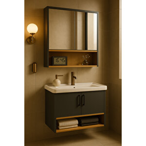 Legna 80 Cm Antrasit & Ahşap Banyo Dolabı Takımı – Alt Ve Üst Dolap (lavabo Dahil)
