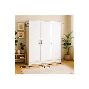 %100 Mdf 3 Kapaklı Yüklük Dolap | 180x135x50 Cm | Beyaz – Modern Çok Amaçlı Gardrop