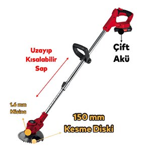 Yan Tırpan Elektrikli Şarjlı Çim Ot Biçme Kesme Rodex Rdx9022 Li-on Çift Batarya Akülü 150 Mm Disk