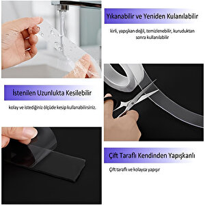Şeffaf Çift Taraflı Nano Silikon Bant Güçlü Yapışkan 24 Mm X 1 M Dayanıklı Kolay Yıkanabilir
