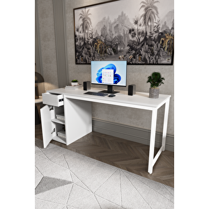 Beyaz 160x60 Cm Çalışma Masası, Bilgisayar Masası, Ofis Masası Çekmeceli, Dolaplı, Raflı - Kes-bb-160