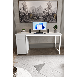 Beyaz 160x60 Cm Çalışma Masası, Bilgisayar Masası, Ofis Masası Çekmeceli, Dolaplı, Raflı - Kes-bb-160