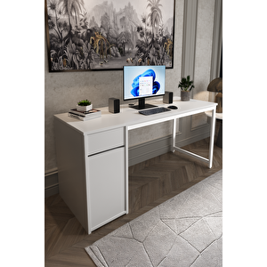 Beyaz 160x60 Cm Çalışma Masası, Bilgisayar Masası, Ofis Masası Çekmeceli, Dolaplı, Raflı - Kes-bb-160