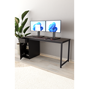 Siyah 160x60 Cm Çalışma Masası, Bilgisayar Masası, Ofis Masası Çekmeceli, Dolaplı, Raflı - Kes-ss-160