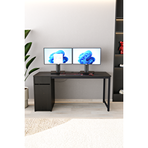 Siyah 160x60 Cm Çalışma Masası, Bilgisayar Masası, Ofis Masası Çekmeceli, Dolaplı, Raflı - Kes-ss-160